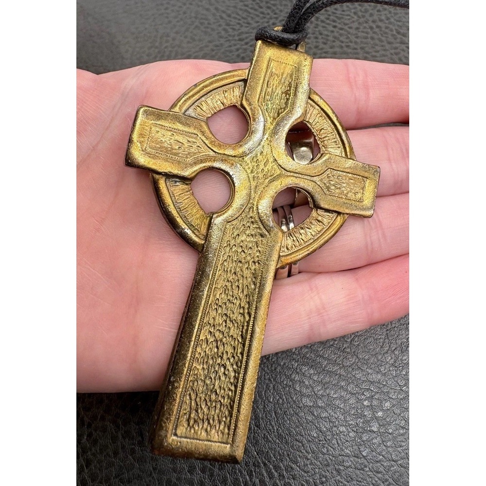VTG Huge Celtic Cross Bronze Tone Pendant Cord Necklace 28"